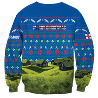 Faroe Islands Christmas Sweatshirt with Santa Riding Sheep Grass Roof Houses and Blue Nordic Pattern Design - Wonder Print Shop