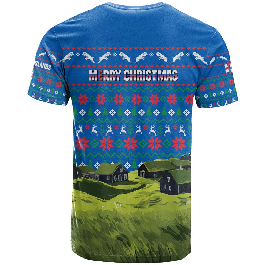 Faroe Islands Christmas T Shirt with Santa Riding Sheep Grass Roof Houses and Blue Nordic Pattern Design - Wonder Print Shop