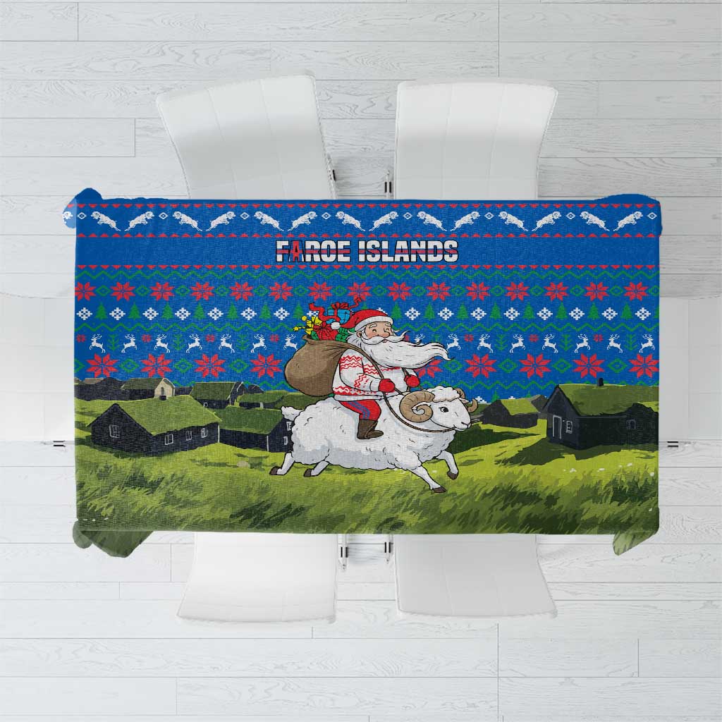 Faroe Islands Christmas Tablecloth with Santa Riding Sheep Grass Roof Houses and Blue Nordic Pattern Design - Wonder Print Shop
