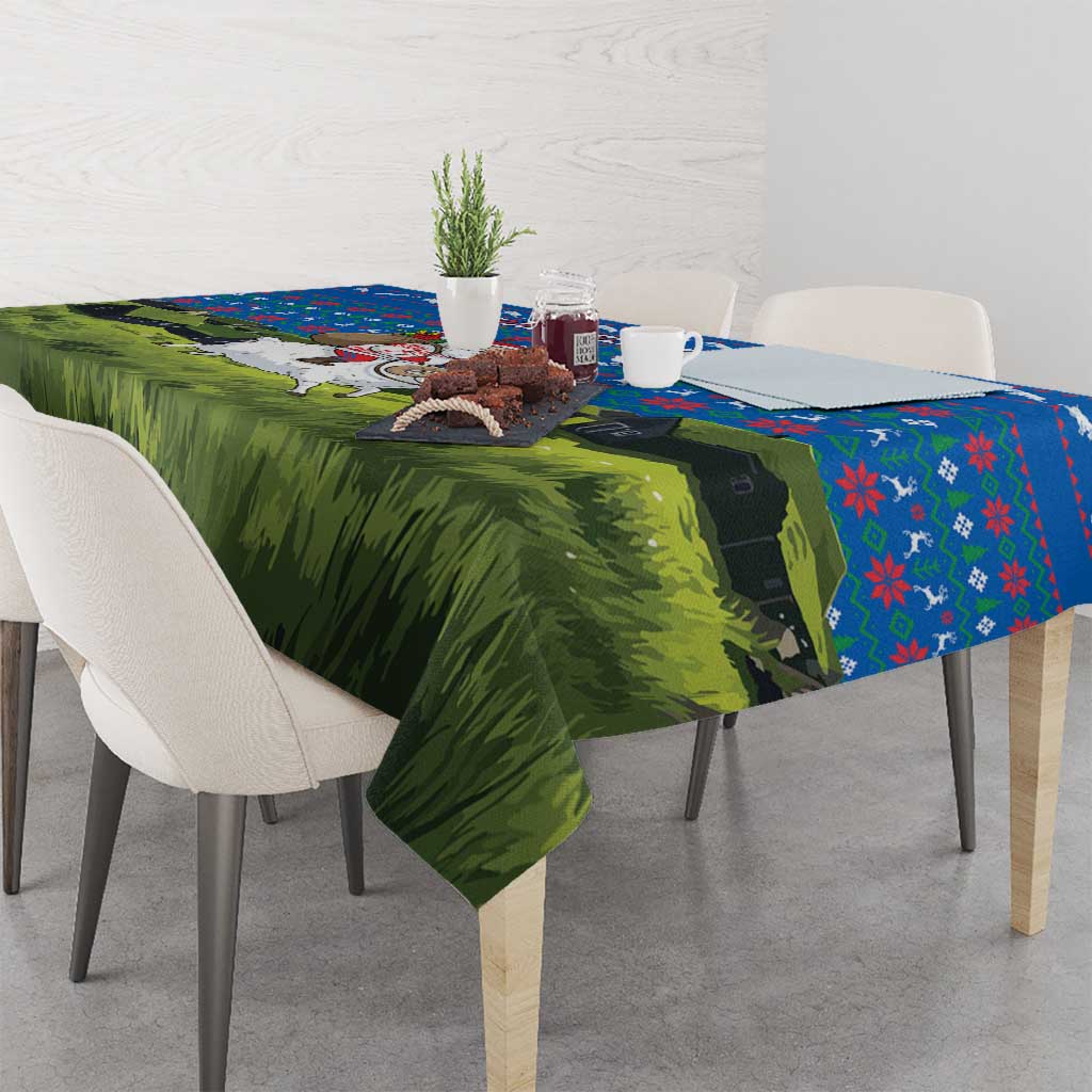Faroe Islands Christmas Tablecloth with Santa Riding Sheep Grass Roof Houses and Blue Nordic Pattern Design - Wonder Print Shop