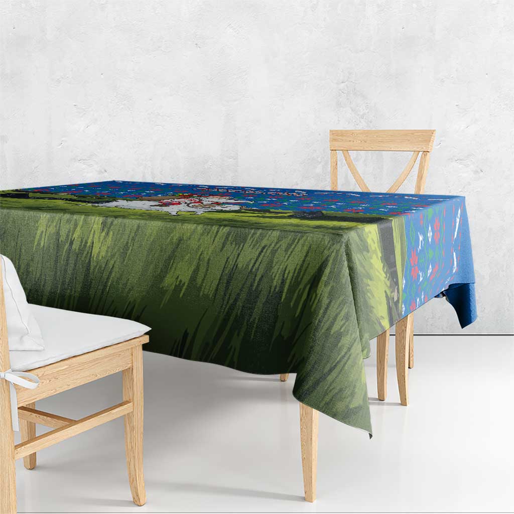 Faroe Islands Christmas Tablecloth with Santa Riding Sheep Grass Roof Houses and Blue Nordic Pattern Design - Wonder Print Shop