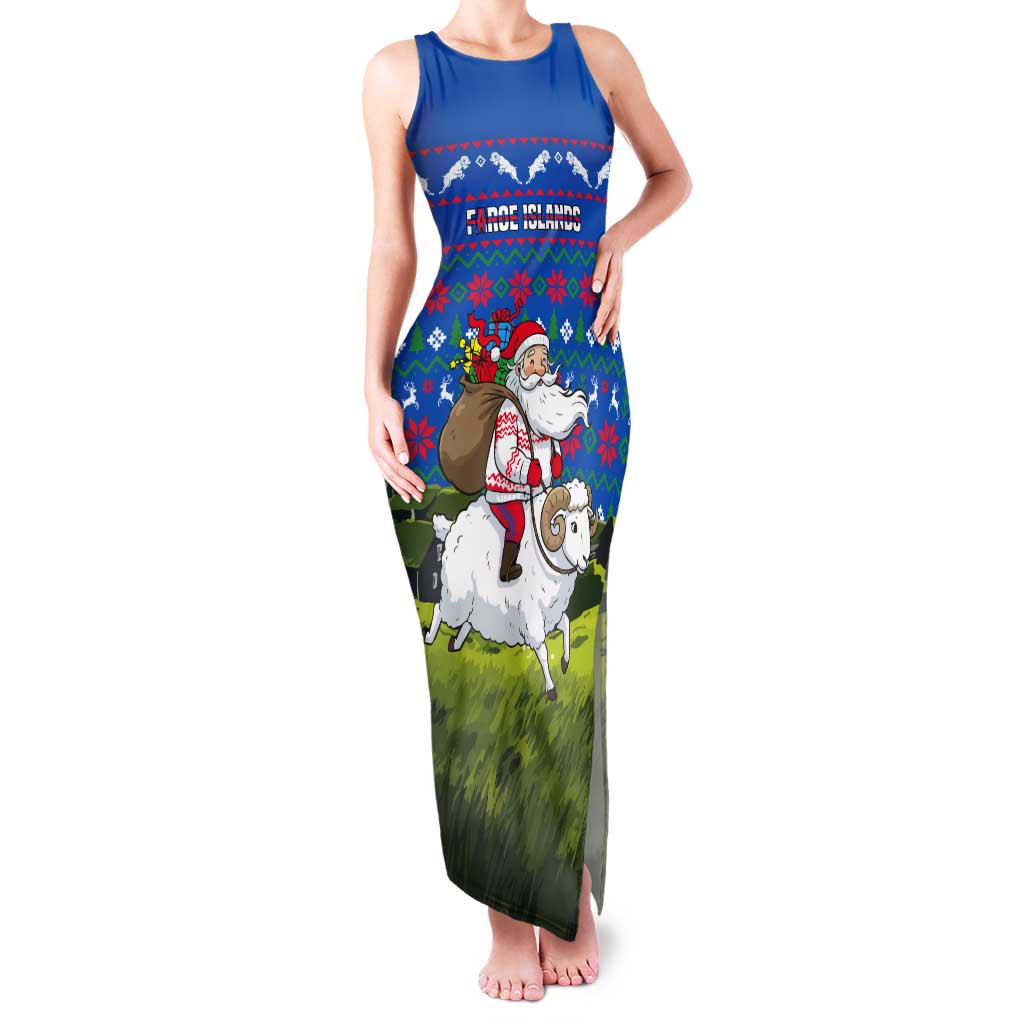 Faroe Islands Christmas Tank Maxi Dress with Santa Riding Sheep Grass Roof Houses and Blue Nordic Pattern Design - Wonder Print Shop
