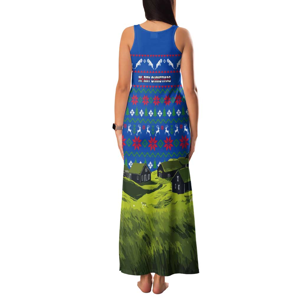 Faroe Islands Christmas Tank Maxi Dress with Santa Riding Sheep Grass Roof Houses and Blue Nordic Pattern Design - Wonder Print Shop