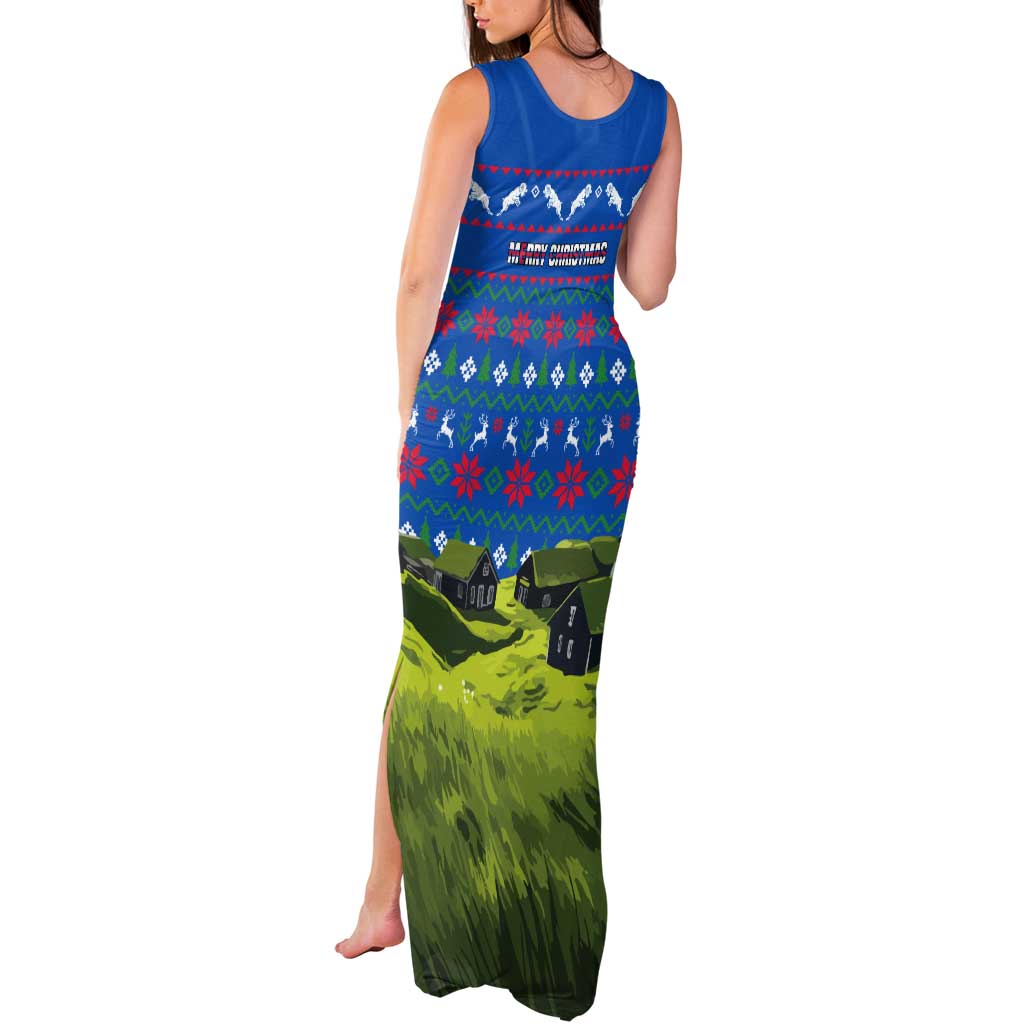 Faroe Islands Christmas Tank Maxi Dress with Santa Riding Sheep Grass Roof Houses and Blue Nordic Pattern Design - Wonder Print Shop