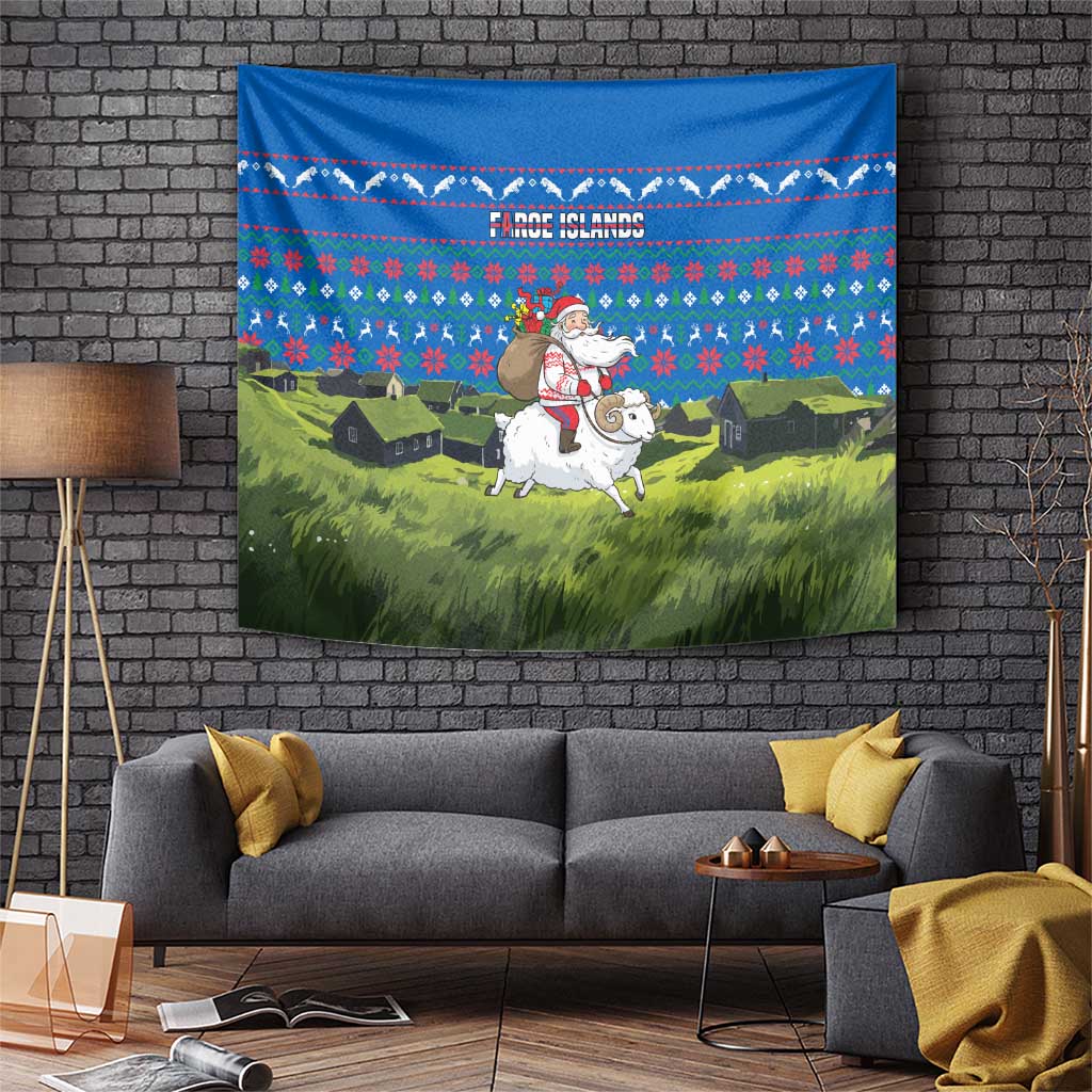 Faroe Islands Christmas Tapestry with Santa Riding Sheep Grass Roof Houses and Blue Nordic Pattern Design - Wonder Print Shop