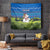 Faroe Islands Christmas Tapestry with Santa Riding Sheep Grass Roof Houses and Blue Nordic Pattern Design - Wonder Print Shop