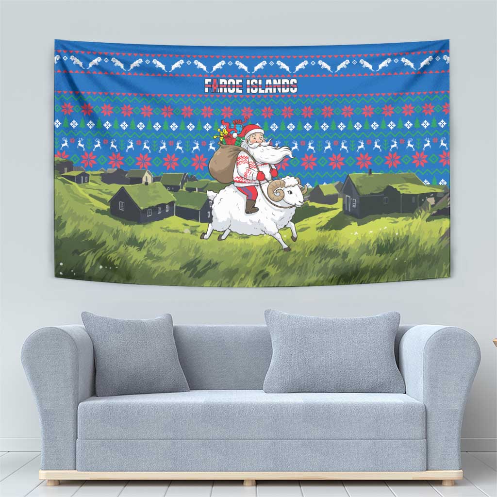 Faroe Islands Christmas Tapestry with Santa Riding Sheep Grass Roof Houses and Blue Nordic Pattern Design - Wonder Print Shop