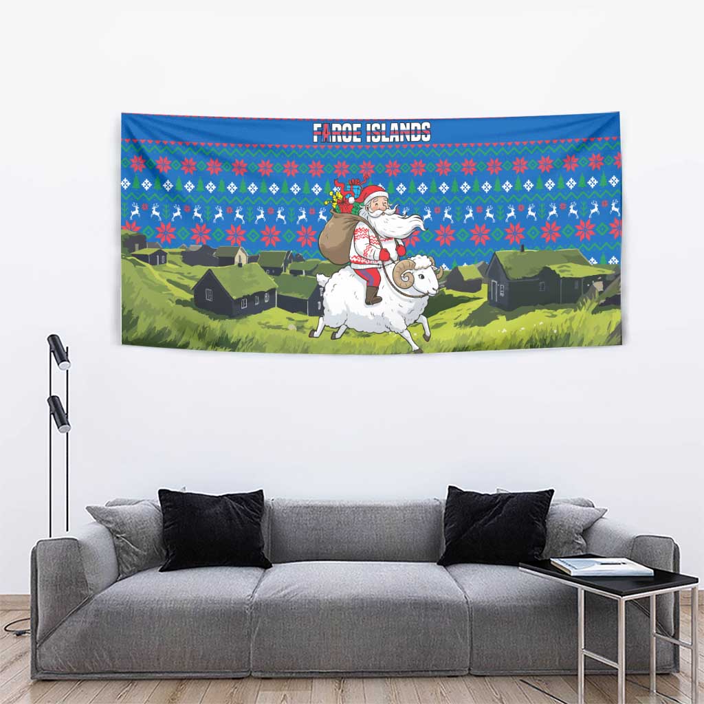 Faroe Islands Christmas Tapestry with Santa Riding Sheep Grass Roof Houses and Blue Nordic Pattern Design - Wonder Print Shop