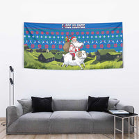 Faroe Islands Christmas Tapestry with Santa Riding Sheep Grass Roof Houses and Blue Nordic Pattern Design - Wonder Print Shop