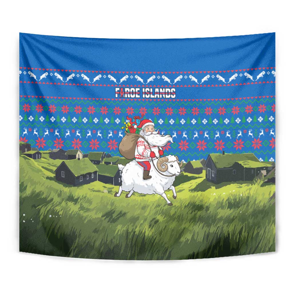Faroe Islands Christmas Tapestry with Santa Riding Sheep Grass Roof Houses and Blue Nordic Pattern Design - Wonder Print Shop