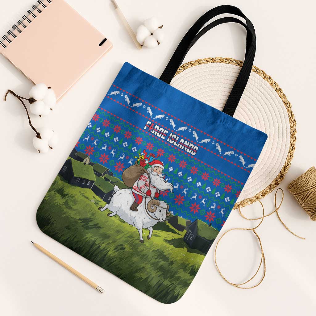 Faroe Islands Christmas Tote Bag with Santa Riding Sheep Grass Roof Houses and Blue Nordic Pattern Design - Wonder Print Shop