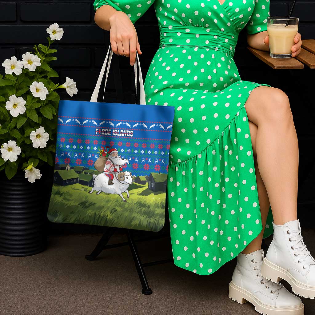 Faroe Islands Christmas Tote Bag with Santa Riding Sheep Grass Roof Houses and Blue Nordic Pattern Design - Wonder Print Shop