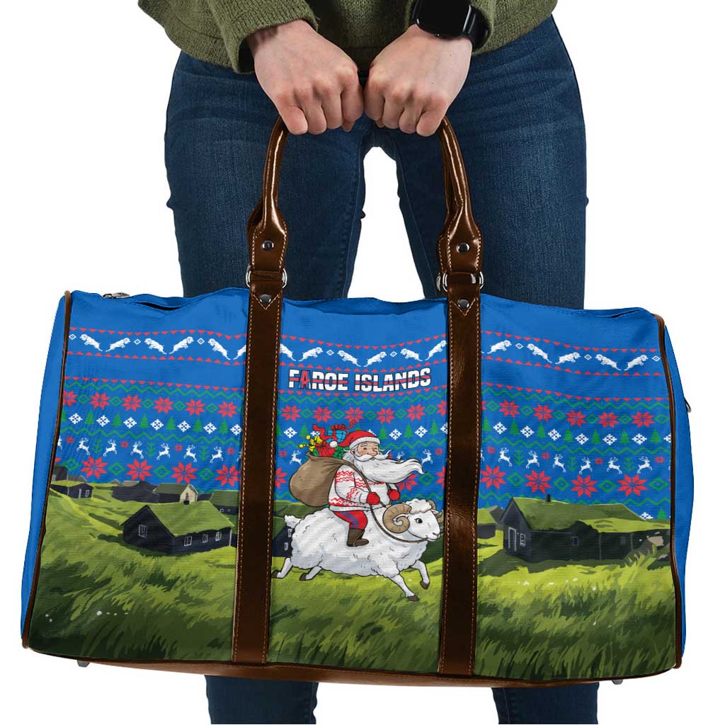 Faroe Islands Christmas Travel Bag with Santa Riding Sheep Grass Roof Houses and Blue Nordic Pattern Design - Wonder Print Shop