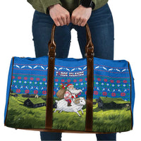 Faroe Islands Christmas Travel Bag with Santa Riding Sheep Grass Roof Houses and Blue Nordic Pattern Design - Wonder Print Shop