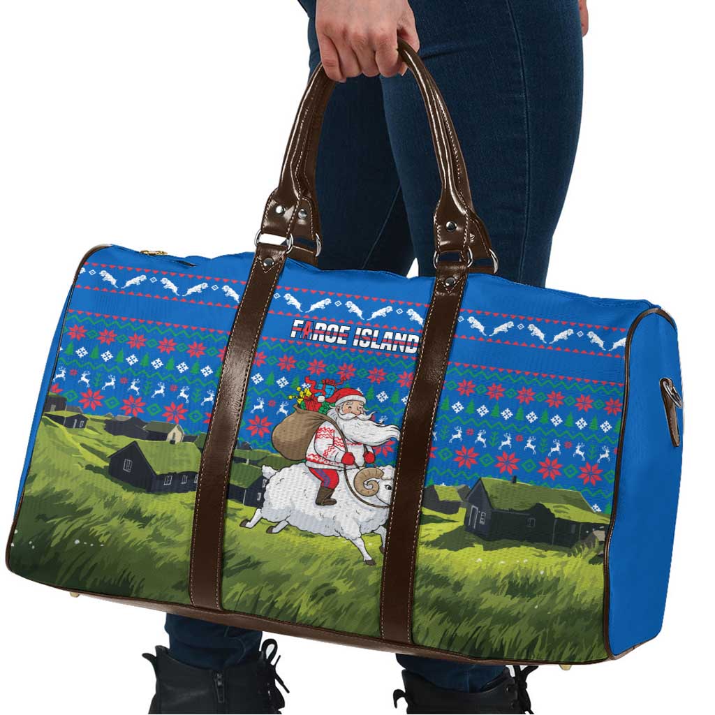 Faroe Islands Christmas Travel Bag with Santa Riding Sheep Grass Roof Houses and Blue Nordic Pattern Design - Wonder Print Shop