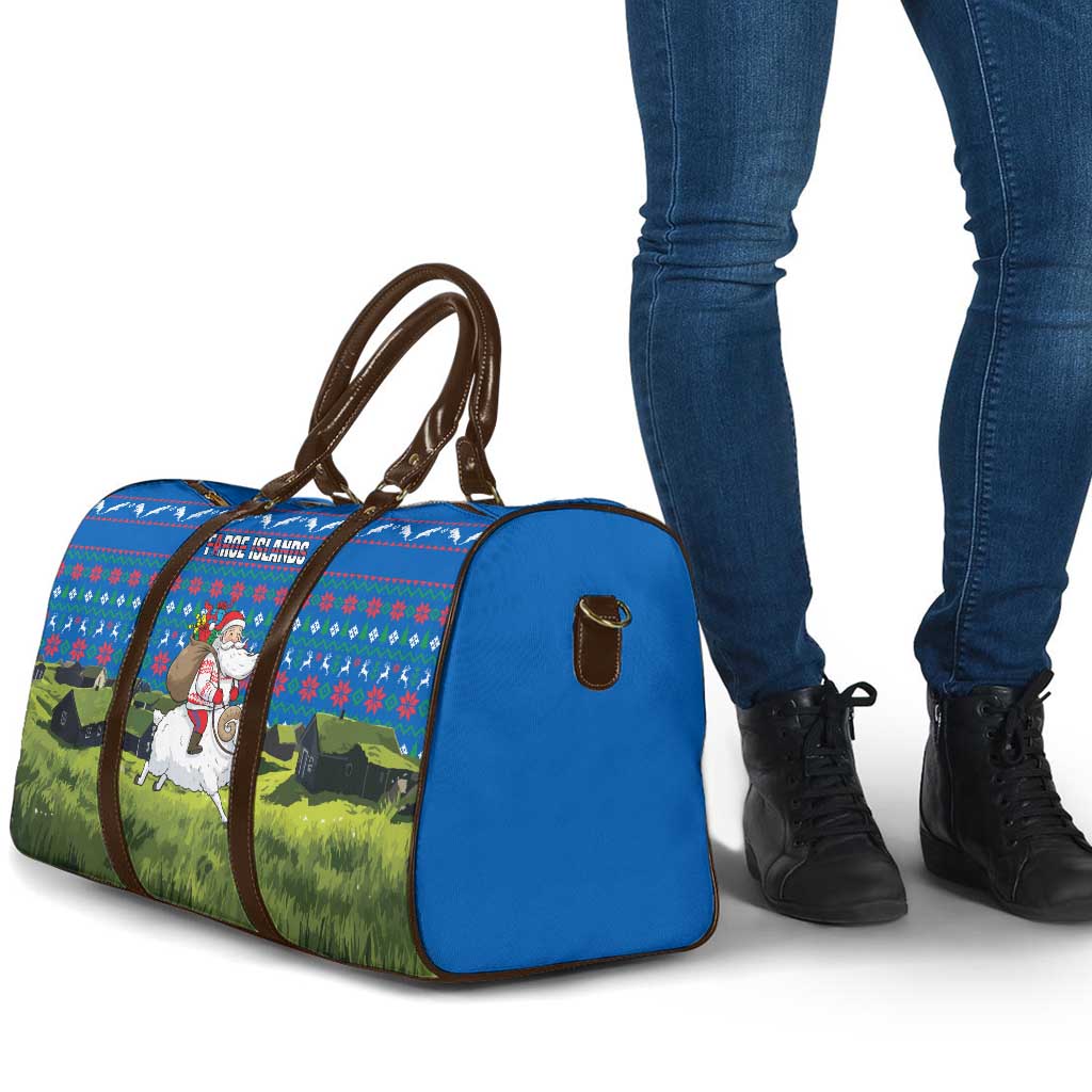 Faroe Islands Christmas Travel Bag with Santa Riding Sheep Grass Roof Houses and Blue Nordic Pattern Design - Wonder Print Shop