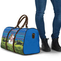 Faroe Islands Christmas Travel Bag with Santa Riding Sheep Grass Roof Houses and Blue Nordic Pattern Design - Wonder Print Shop