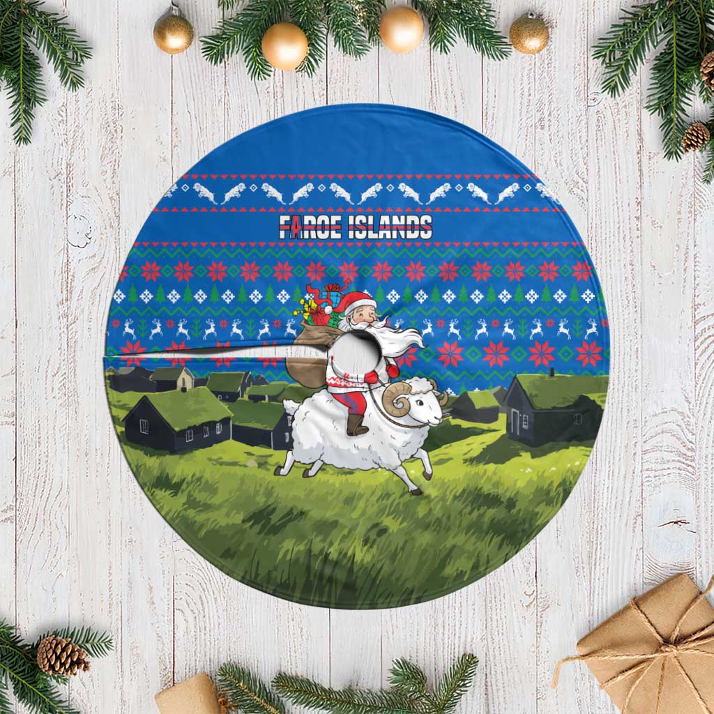 Faroe Islands Christmas Tree Skirt with Santa Riding Sheep Grass Roof Houses and Blue Nordic Pattern Design - Wonder Print Shop