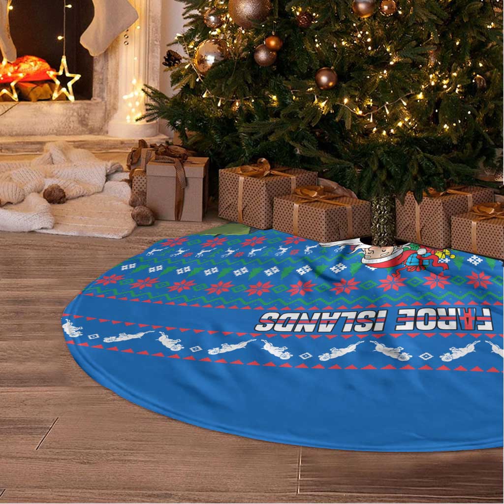 Faroe Islands Christmas Tree Skirt with Santa Riding Sheep Grass Roof Houses and Blue Nordic Pattern Design - Wonder Print Shop