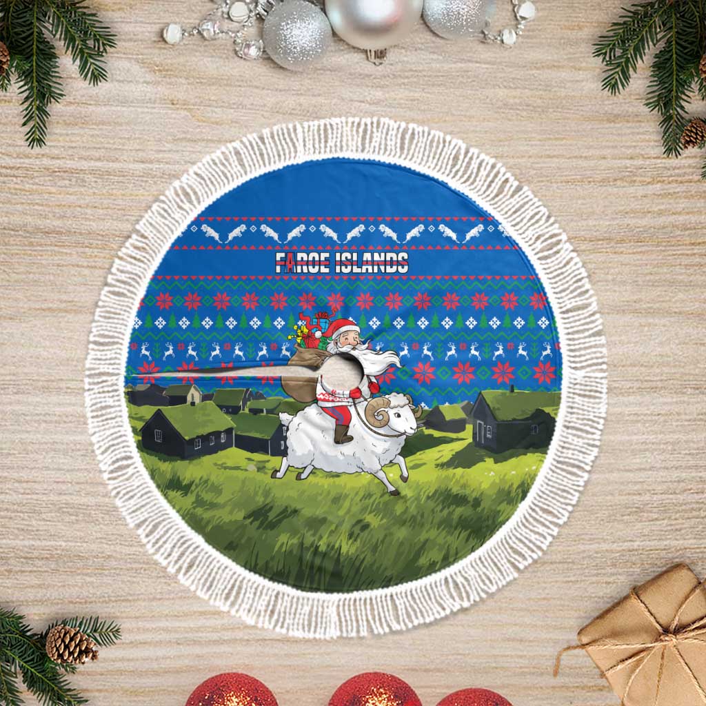 Faroe Islands Christmas Tree Skirt with Santa Riding Sheep Grass Roof Houses and Blue Nordic Pattern Design - Wonder Print Shop