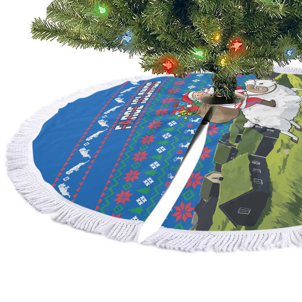 Faroe Islands Christmas Tree Skirt with Santa Riding Sheep Grass Roof Houses and Blue Nordic Pattern Design - Wonder Print Shop