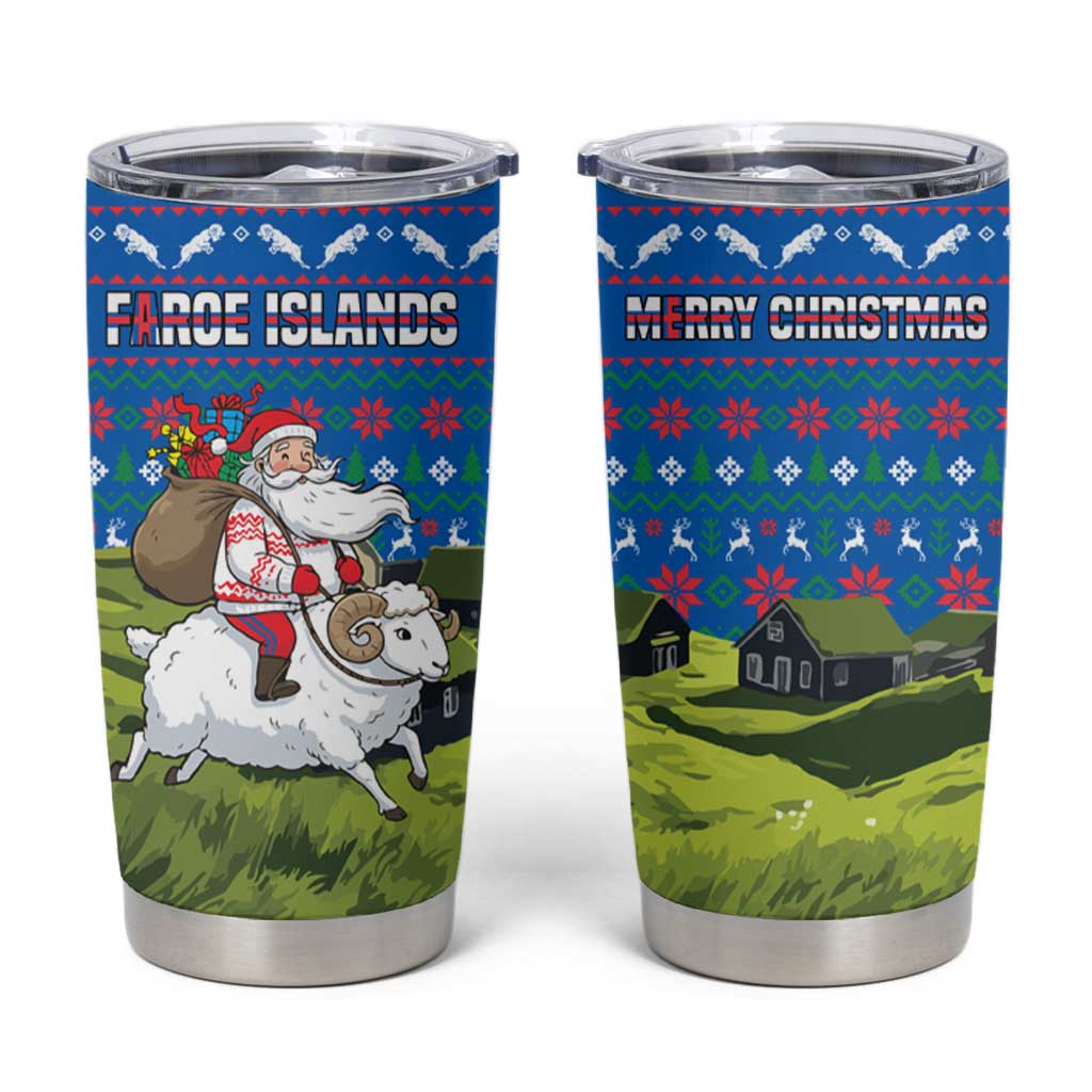 Faroe Islands Christmas Tumbler Cup with Santa Riding Sheep Grass Roof Houses and Blue Nordic Pattern Design - Wonder Print Shop