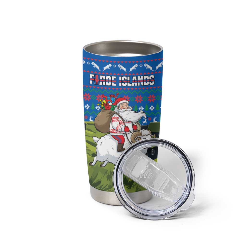 Faroe Islands Christmas Tumbler Cup with Santa Riding Sheep Grass Roof Houses and Blue Nordic Pattern Design - Wonder Print Shop