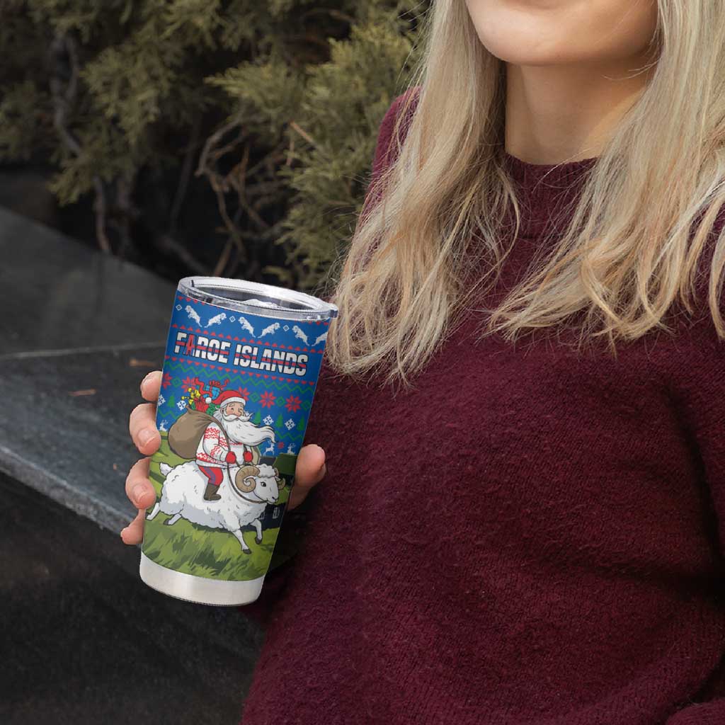 Faroe Islands Christmas Tumbler Cup with Santa Riding Sheep Grass Roof Houses and Blue Nordic Pattern Design - Wonder Print Shop