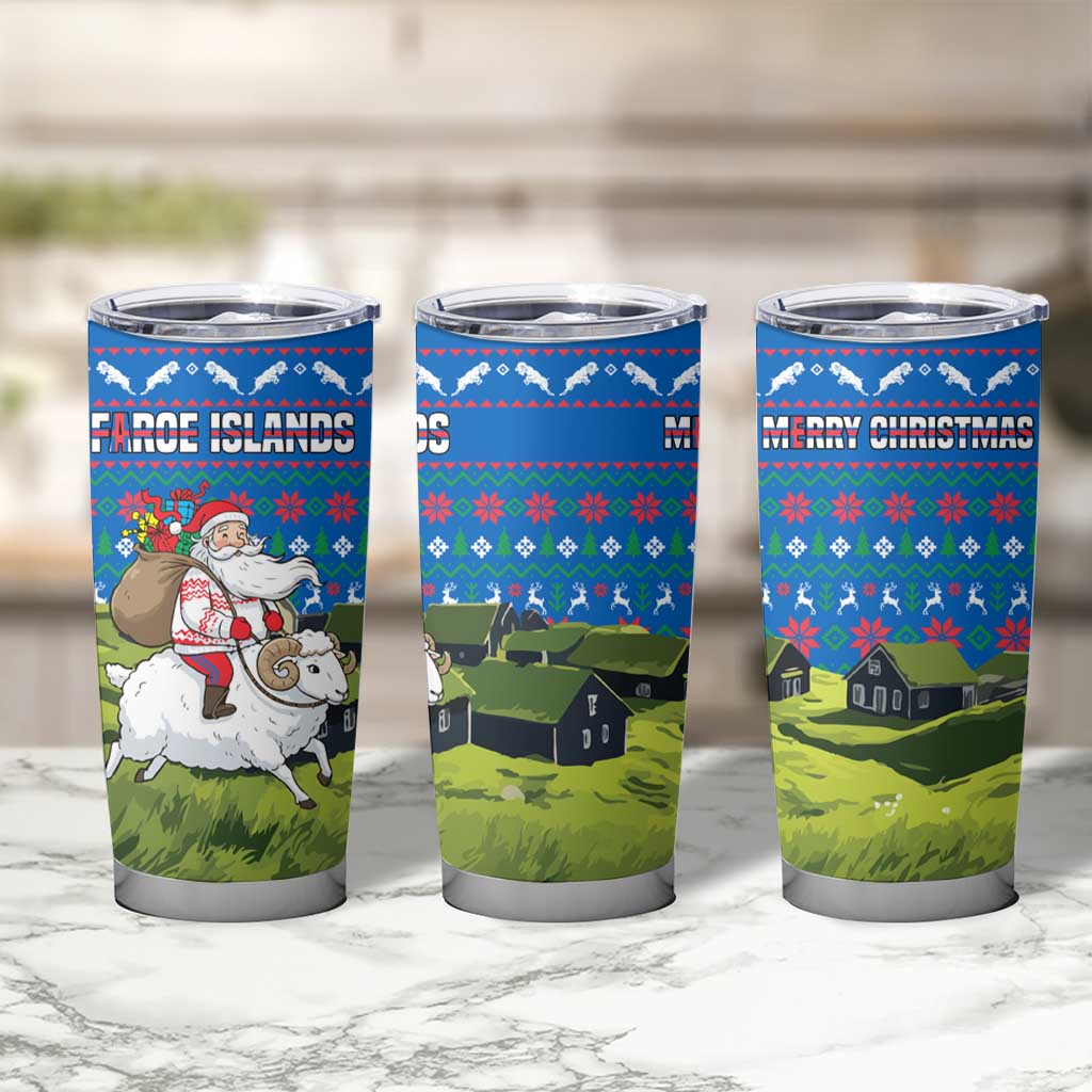 Faroe Islands Christmas Tumbler Cup with Santa Riding Sheep Grass Roof Houses and Blue Nordic Pattern Design - Wonder Print Shop
