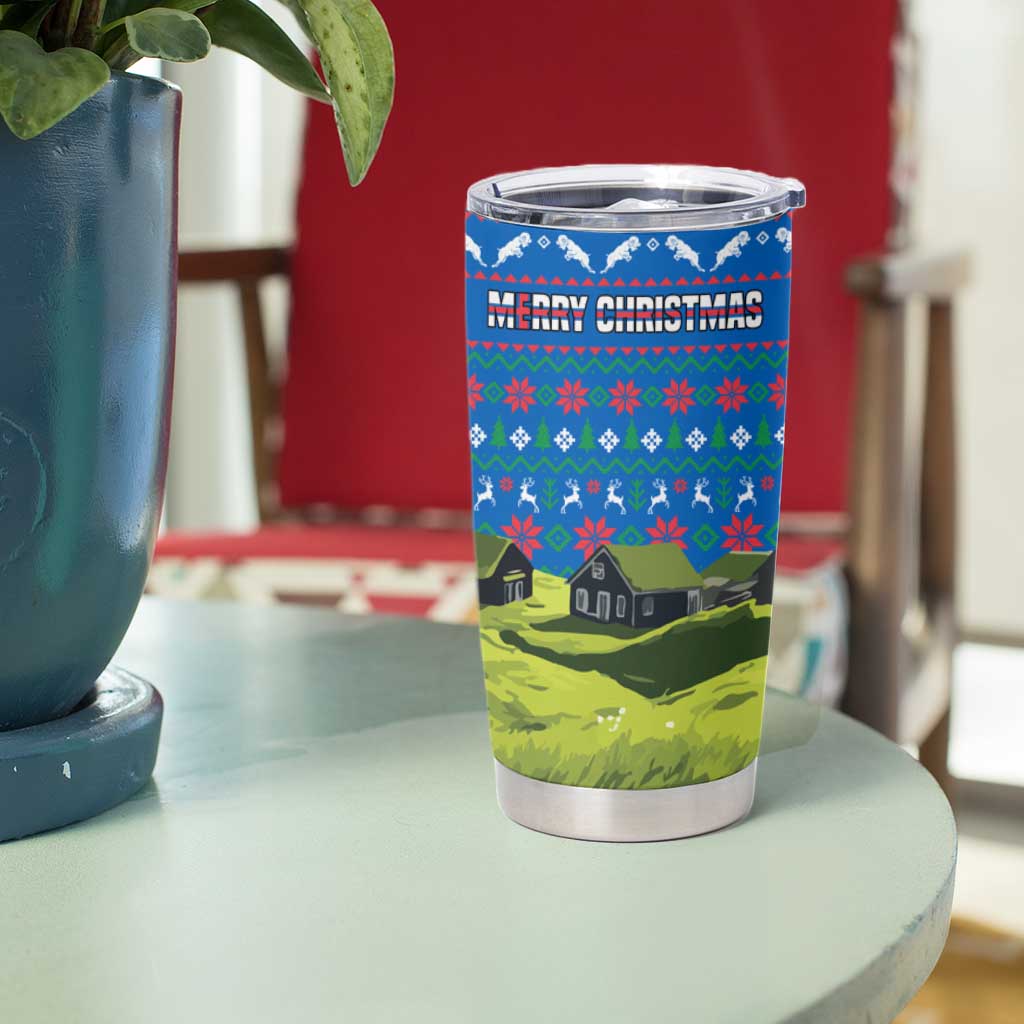 Faroe Islands Christmas Tumbler Cup with Santa Riding Sheep Grass Roof Houses and Blue Nordic Pattern Design - Wonder Print Shop