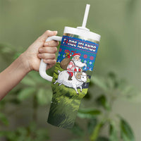 Faroe Islands Christmas Tumbler With Handle with Santa Riding Sheep Grass Roof Houses and Blue Nordic Pattern Design - Wonder Print Shop