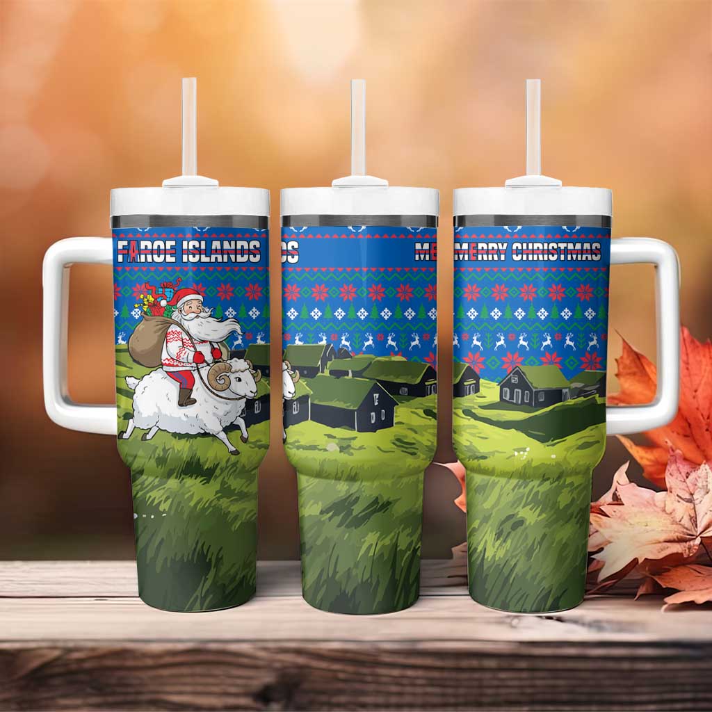 Faroe Islands Christmas Tumbler With Handle with Santa Riding Sheep Grass Roof Houses and Blue Nordic Pattern Design - Wonder Print Shop