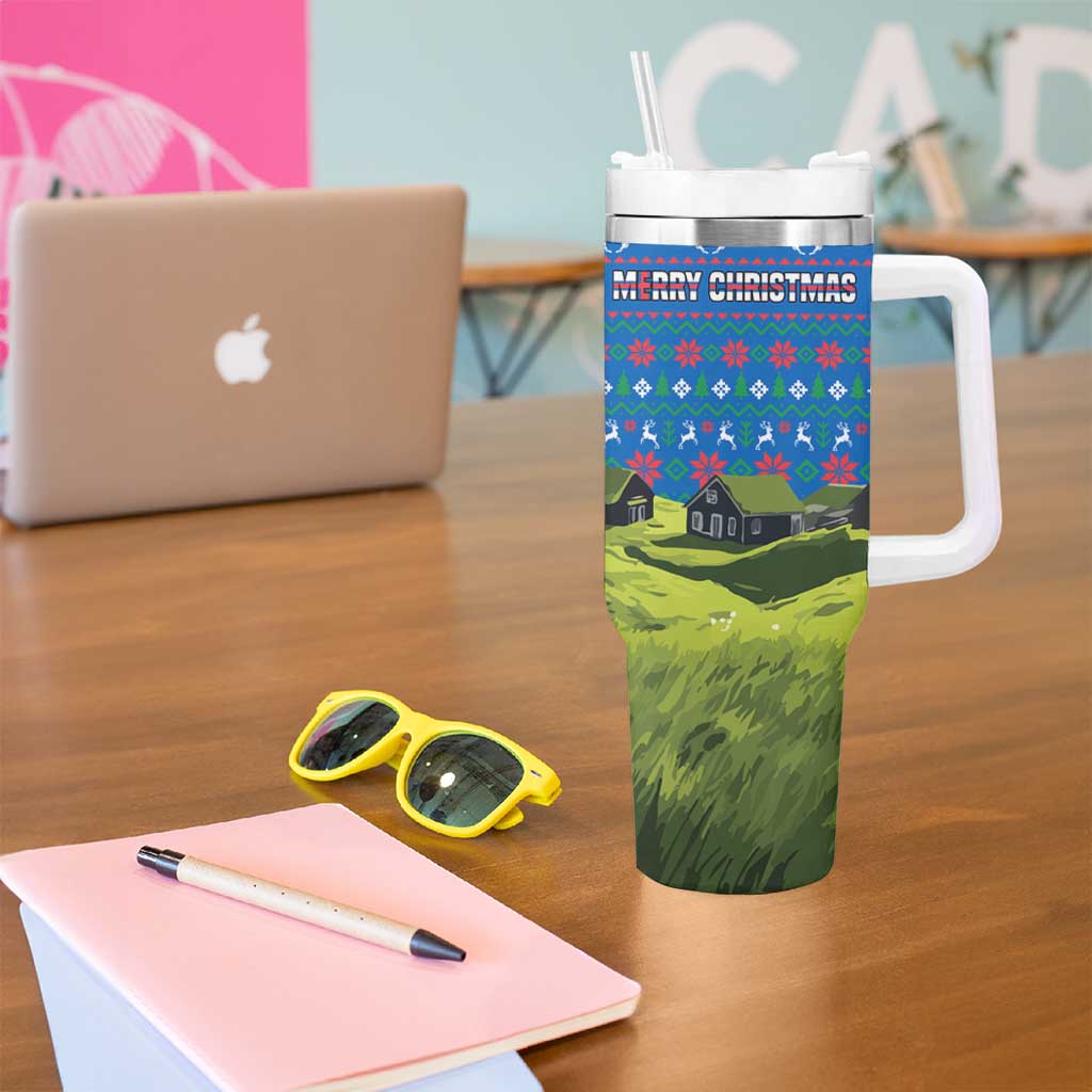 Faroe Islands Christmas Tumbler With Handle with Santa Riding Sheep Grass Roof Houses and Blue Nordic Pattern Design - Wonder Print Shop