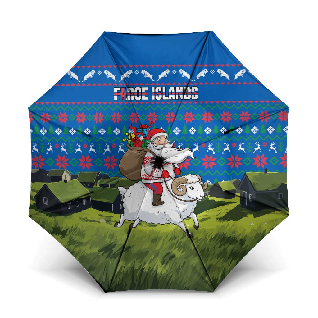 Faroe Islands Christmas Umbrella with Santa Riding Sheep Grass Roof Houses and Blue Nordic Pattern Design - Wonder Print Shop