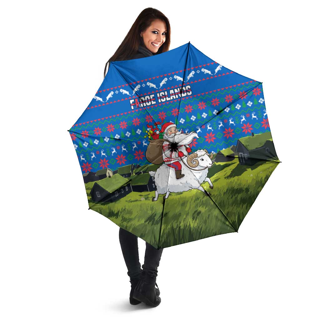 Faroe Islands Christmas Umbrella with Santa Riding Sheep Grass Roof Houses and Blue Nordic Pattern Design - Wonder Print Shop