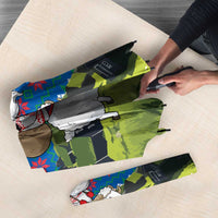 Faroe Islands Christmas Umbrella with Santa Riding Sheep Grass Roof Houses and Blue Nordic Pattern Design - Wonder Print Shop