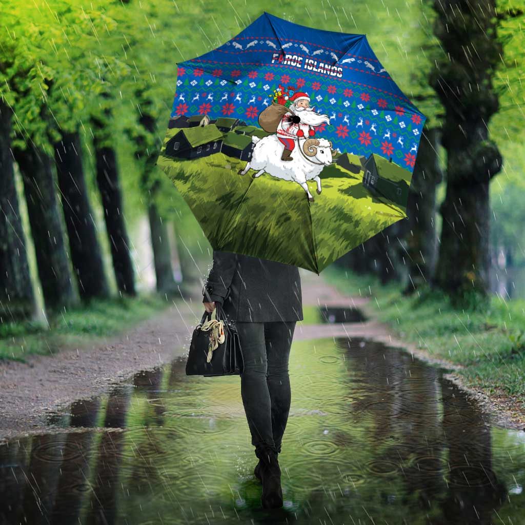 Faroe Islands Christmas Umbrella with Santa Riding Sheep Grass Roof Houses and Blue Nordic Pattern Design - Wonder Print Shop