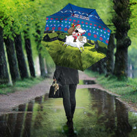 Faroe Islands Christmas Umbrella with Santa Riding Sheep Grass Roof Houses and Blue Nordic Pattern Design - Wonder Print Shop