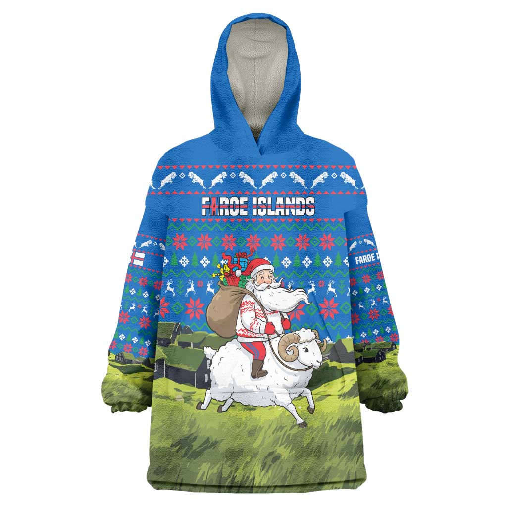Faroe Islands Christmas Wearable Blanket Hoodie with Santa Riding Sheep Grass Roof Houses and Blue Nordic Pattern Design - Wonder Print Shop