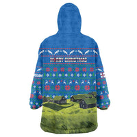 Faroe Islands Christmas Wearable Blanket Hoodie with Santa Riding Sheep Grass Roof Houses and Blue Nordic Pattern Design - Wonder Print Shop