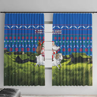 Faroe Islands Christmas Window Curtain with Santa Riding Sheep Grass Roof Houses and Blue Nordic Pattern Design - Wonder Print Shop
