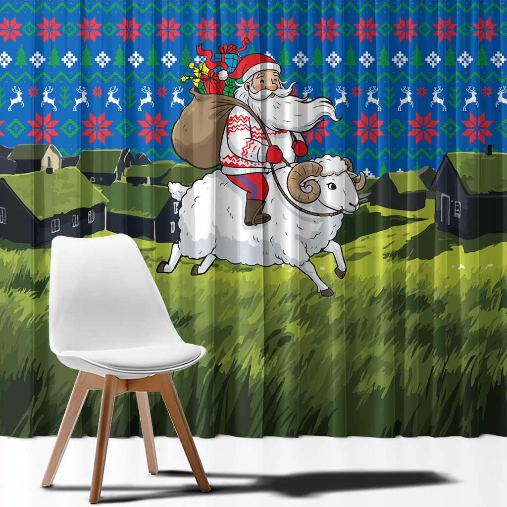 Faroe Islands Christmas Window Curtain with Santa Riding Sheep Grass Roof Houses and Blue Nordic Pattern Design - Wonder Print Shop