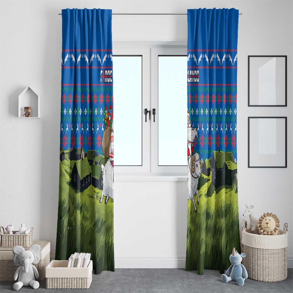 Faroe Islands Christmas Window Curtain with Santa Riding Sheep Grass Roof Houses and Blue Nordic Pattern Design - Wonder Print Shop
