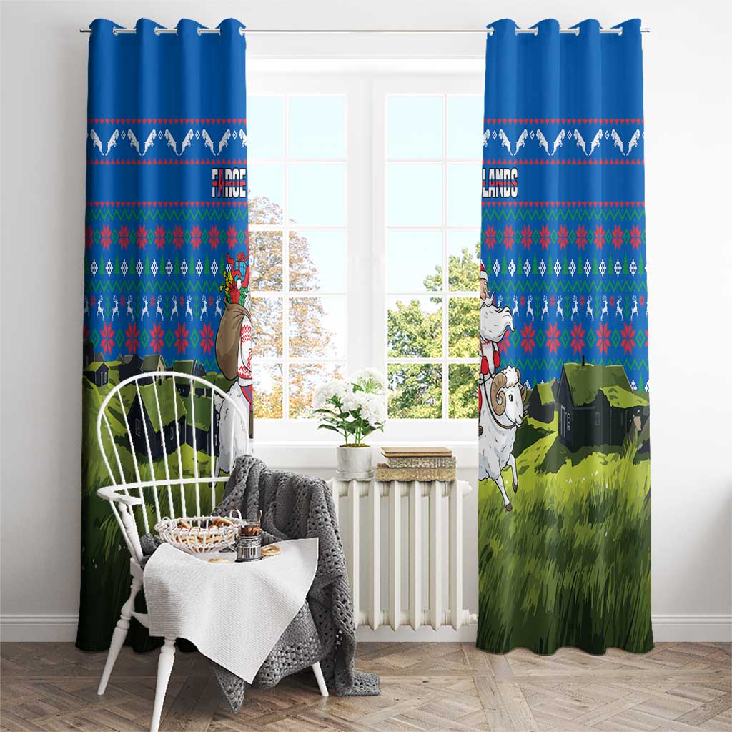 Faroe Islands Christmas Window Curtain with Santa Riding Sheep Grass Roof Houses and Blue Nordic Pattern Design - Wonder Print Shop