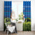 Faroe Islands Christmas Window Curtain with Santa Riding Sheep Grass Roof Houses and Blue Nordic Pattern Design - Wonder Print Shop