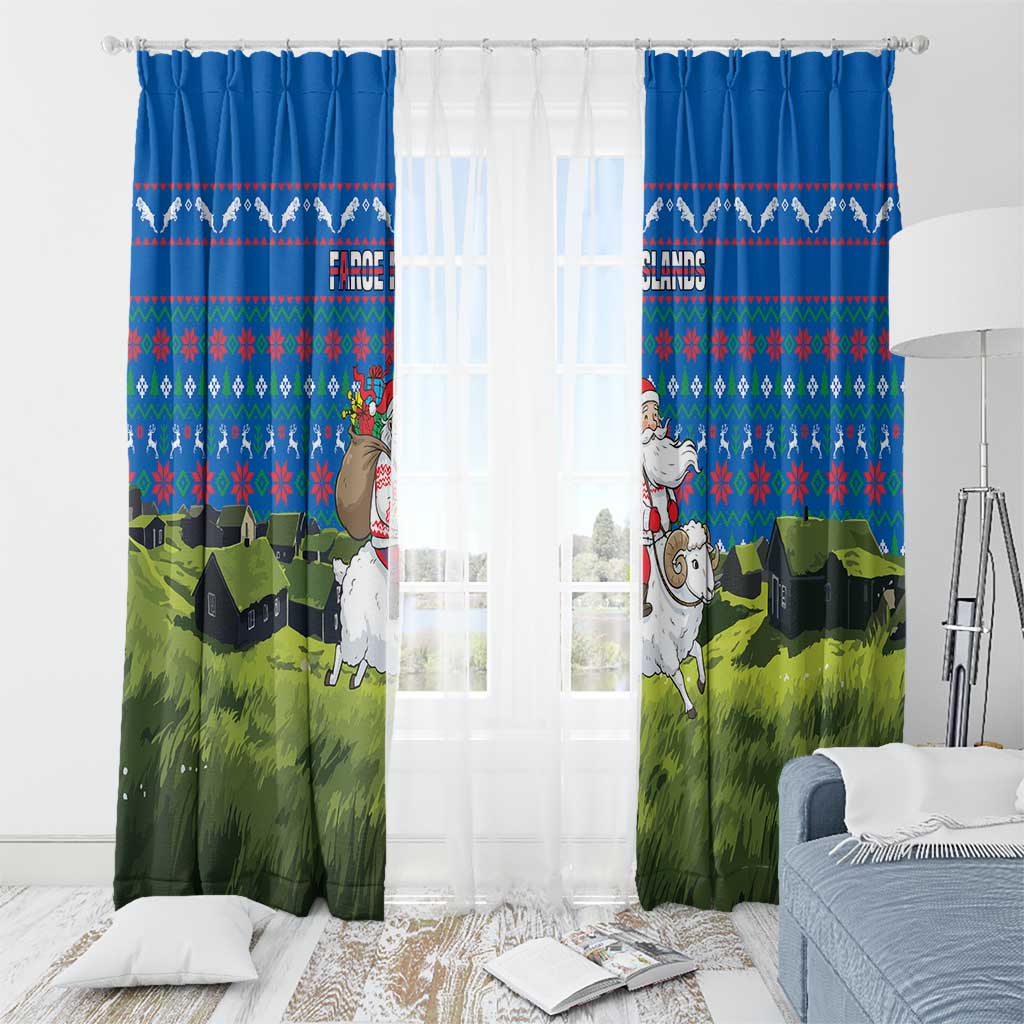 Faroe Islands Christmas Window Curtain with Santa Riding Sheep Grass Roof Houses and Blue Nordic Pattern Design - Wonder Print Shop