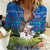 Faroe Islands Christmas Women Casual Shirt with Santa Riding Sheep Grass Roof Houses and Blue Nordic Pattern Design - Wonder Print Shop