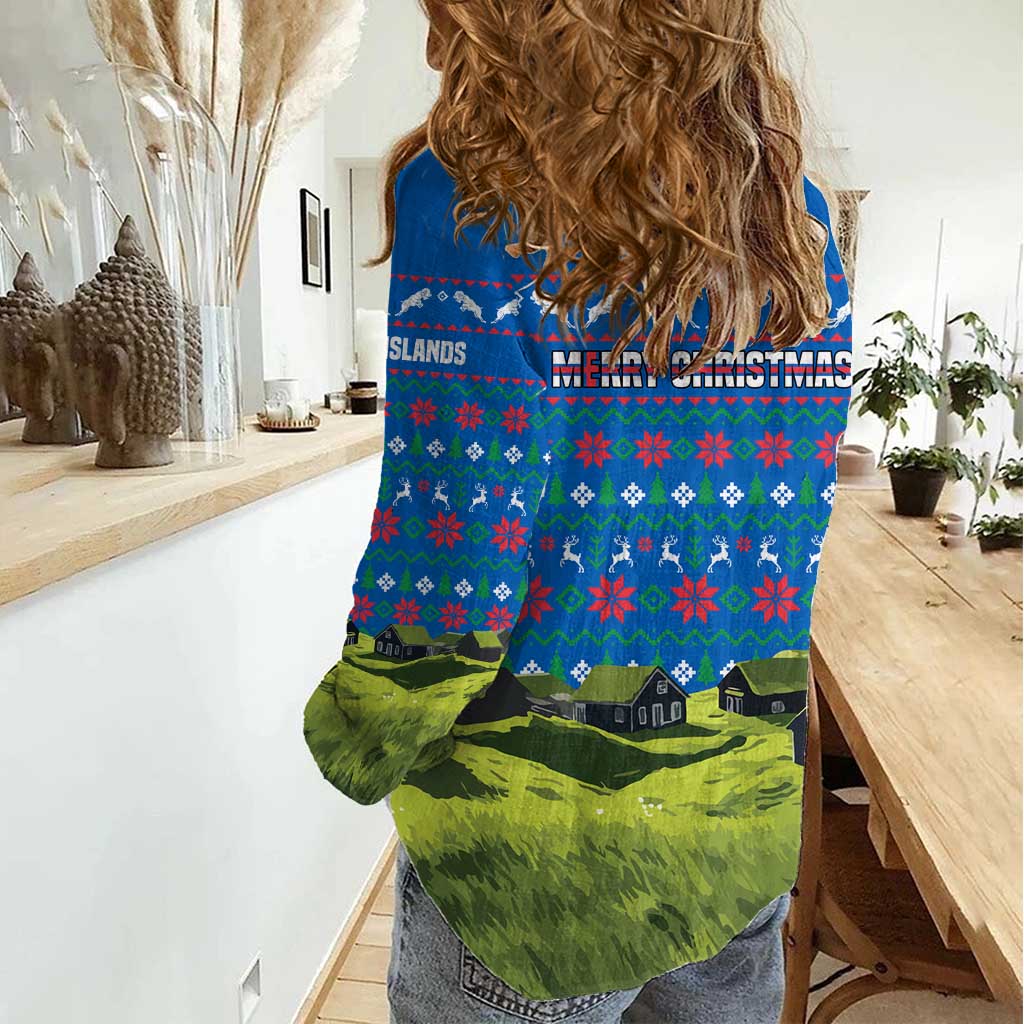 Faroe Islands Christmas Women Casual Shirt with Santa Riding Sheep Grass Roof Houses and Blue Nordic Pattern Design - Wonder Print Shop