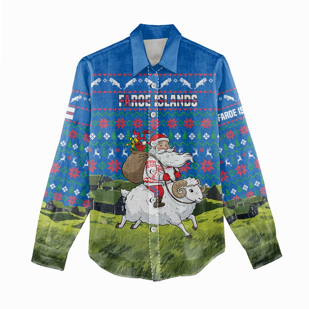 Faroe Islands Christmas Women Casual Shirt with Santa Riding Sheep Grass Roof Houses and Blue Nordic Pattern Design - Wonder Print Shop