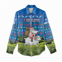 Faroe Islands Christmas Women Casual Shirt with Santa Riding Sheep Grass Roof Houses and Blue Nordic Pattern Design - Wonder Print Shop
